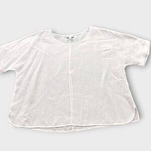 Pure Jill Linen Top Womens S Petite White Relaxed Short Sleeve Boxy Scoop Neck